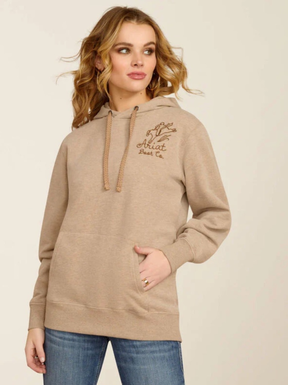 Ariat Women's Dark Oatmeal Heather Bronco Stitch Long Sleeve Hoodie size XS